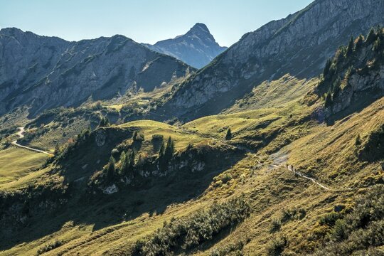 View of hiking trails and the Allg&auml;u mountains from the Saalfelder H&ouml;henweg, Schochenspitze in the back, Tannheimer Valley, Tyrol, Austria