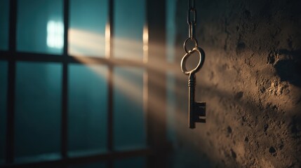 Key Hangs on Chain in Dimly Lit Prison Cell with Sunlight Streaming Through Window Bars Creating a Mysterious Atmosphere of Freedom and Hope