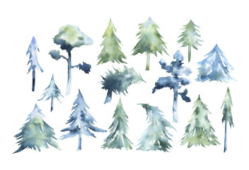 Obraz premium Watercolor illustrations of spruce trees. Big set isolated on transparent background. Watercolor texture, elegant color palette. For packaging, stickers, scrapbooking, and more