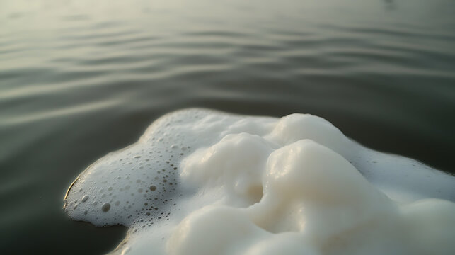 A serene close-up captures the beauty of sea foam gently resting on the ocean's surface, creating a peaceful and calming scene in nature's embrace. Nature's artistry.