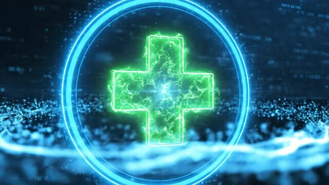 Glowing digital medical symbol in blue and green, showcasing innovation in healthcare technology with circular design and binary code background, emphasizing futuristic medical services