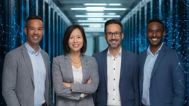 Professional Team in Server Room: A confident team stands united in a futuristic server room. Their composed expressions reflects their expertise and commitment to technological innovation.