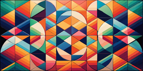 Colorful vintage geometric mosaic pattern design backdrop with seamless triangle and square elements