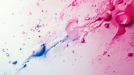 Dreamy cosmos of powdered pigments in a vibrant palette of pinks and cerulean blue spreading across the white void