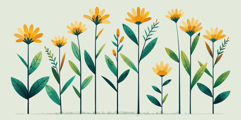 Bright yellow daisy flowers bloom in the grass of a spring garden, a beautiful nature scene