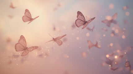 Dreamy swarm of delicate butterflies gracefully fluttering through soft, ethereal light creating a magical, enchanting atmosphere