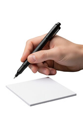 Clean, fair-skinned male hand holding a sleek black matte marker pen with a fine tip above a crisp white note card on a transparent studio background, concept of precision and quality