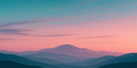 Stunning mountain landscape at sunset with a misty valley and a vibrant sky