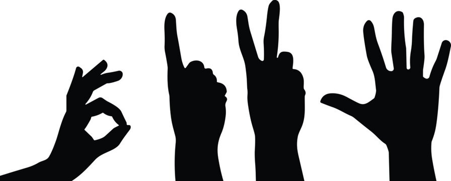 Silhouettes of hands showing OK sign, pointing finger, peace gesture, and open palm, communication symbols vector illustration for stock