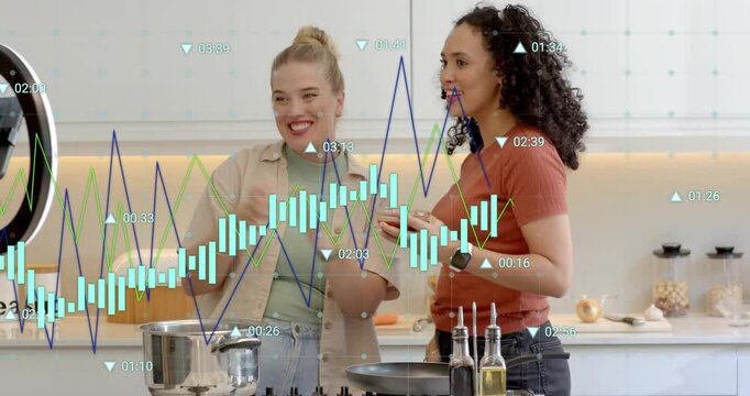 Two creators stirring pot after smartphone suggesting next addition in kitchen cooking tutorial