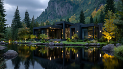 Beautiful of large black modern house in the forest , there are river in front of the house