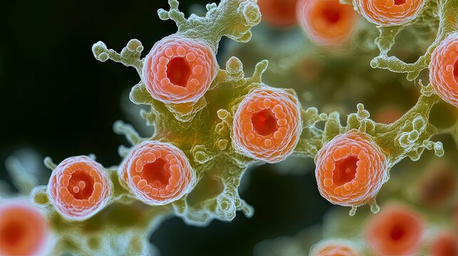 Isolated cellular structures exhibiting circular morphology and interconnected green filaments appear in a microscopic field of view - Powered by Adobe