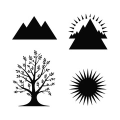 Black and White Geometric Nature Symbols a Mountain Range, Radiant Sun, and Beautiful Tree