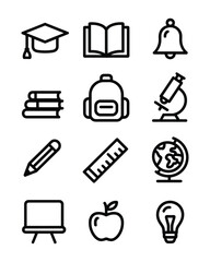 Collection of Educational Icons Representing Learning Objects and Classroom Supplies in a Flat Style
