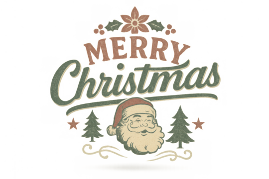 Retro merry christmas greeting with vintage santa claus head, pine trees, stars, and foliage on a transparent background