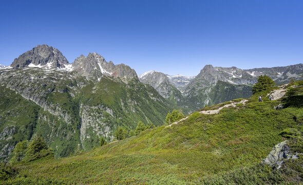 Mountain panorama with peaks Aiguille de Mesure and Aiguille de Chamois, Mont Bues and Pointe de la Terasse, Chablais Alps, Chamonix, Haute-Savoie, France