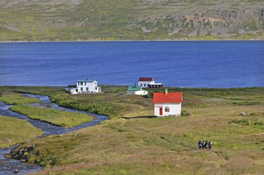 Group of hikers with heavy backpacks, old houses, Hesteyri, Hesteyrarfj&ouml;r&eth;ur or Hesteyrarfj&ouml;rdur, hiking paradise Hornstrandir, Westfjords, Iceland