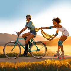 Two young women having fun with a bicycle and rollerskates. The cyclist is pulling the skater girl using a silk scarf. Happy memories. 