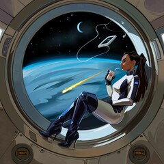 A young woman travelling space is looking out of a window while in orbit around earth, she drinks with a straw from a carton in zero gravity. 