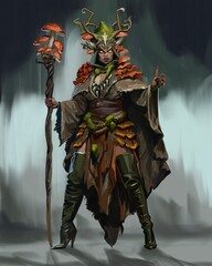 Mysterious Autumn Witch character. She is dressed with moss and mushrooms and carries a staff and gestures with her hand. Halloween vibes and costume.