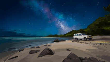 A utility vehicle is parked on a beach. The setting is a quiet night, with the ocean being very tranquil. Cinematic and serene.