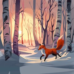 A painting of a cute fox wandering through a birch forest. The sunset gives a magical light to the scene. 
