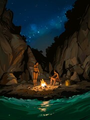 Their secret beach. Two young women enjoy a serene and romantic night on a pebble beach with a small campfire