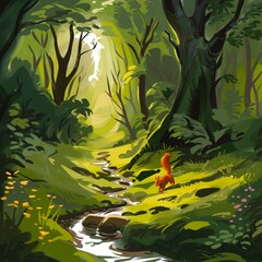 A cute squirrel is skipping toward a little creek that is flowing through the forest, consisting of ancient trees.