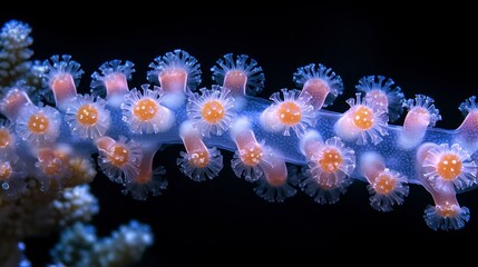 Coral polyps bloom in the deep, creating a soft glow and ethereal quality against the dark ocean backdrop