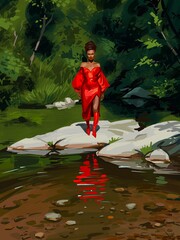 A mystical woman dressed in red is standing on white rocks, surrounded by a river or lake in a serene forest.