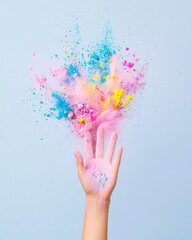 Explosion of colors bursts from a hand against a pale blue background, creating a vibrant and isolated moment of artistic expression