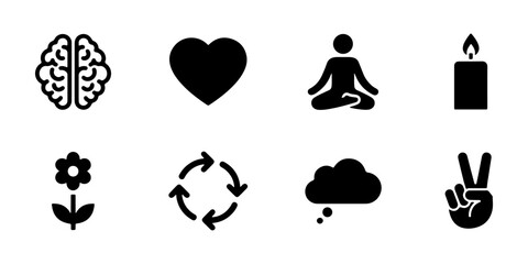 A collection of mindfulness and wellness icons including a brain, heart, yoga pose, candle, flower, circular arrows, thought bubble, and peace sign, all in black silhouette.