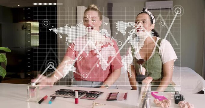 Beauty hosts introducing, launching holographic graph, tapping brush, presenting lipstick