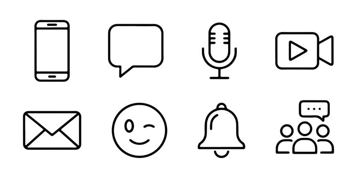 A set of communication line icons. This collection of outline icons represents digital interaction and messaging concepts, including a smartphone, chat bubble, microphone, and email.