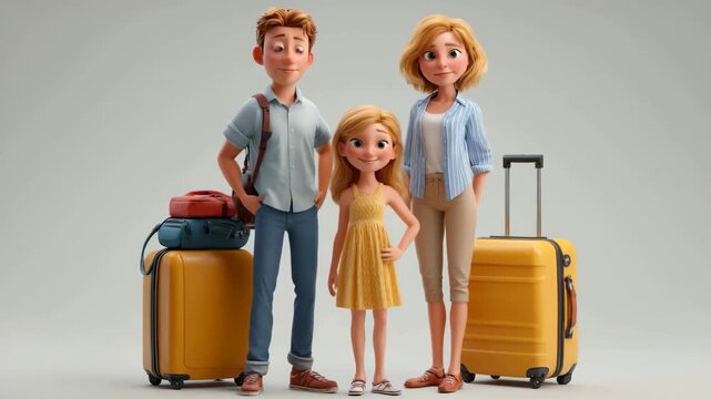 Animated family excitedly embarking on a sunny vacation with bright yellow luggage, a happy travel adventure captured with vibrant, modern 3D style