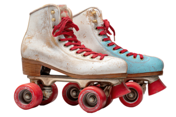 Vintage roller skates, cream and teal, with red laces