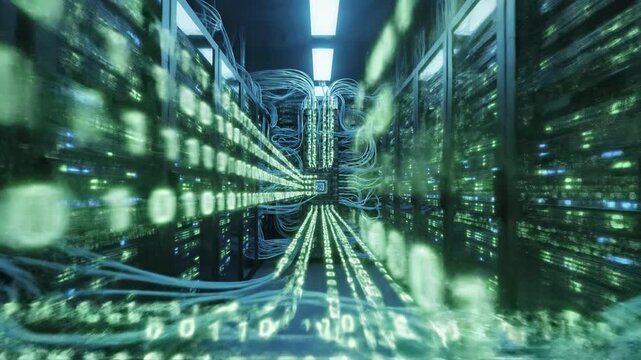 Digital data flows through modern server infrastructure, showcasing advanced technology with illuminated servers and vibrant binary code, enhancing connectivity and information processing in networks