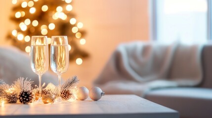 Holiday cheer sparkles with bubbly drinks next to a frosted garland on a Christmas Eve evening in December