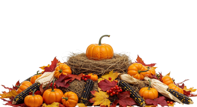 Harvest Bounty: A vibrant autumnal display overflowing with pumpkins, corn, and colorful foliage, celebrating the season's abundance and the spirit of Thanksgiving.