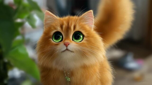 Adorable fluffy ginger cat with bright green eyes curiously exploring its surroundings in a playful mood, perfect for heartwarming animal stories