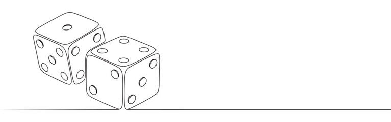 A continuous line drawing featuring two dice, symbolizing chance and gaming on a plain white background.