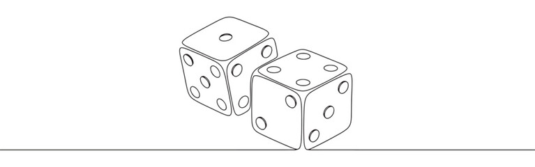 A continuous line drawing featuring two dice, symbolizing chance and gaming on a plain white background.