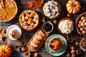 Autumn food concept. Selection of pies, appetizers and desserts. Top view table scene over a rustic wood background.