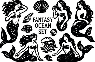 Fototapeta premium Fantasy ocean mermaids and sea shells vector set with waves and conch shell illustrations in black and white style