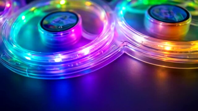 Colorful illuminated fidget spinners resting on a dark surface with a blurred background