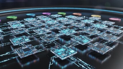 Futuristic circuit technology showcases vibrant microchip design, illuminating digital data networks with colorful gemstones and chips, creating innovative atmosphere of excitement and anticipation - Powered by Adobe