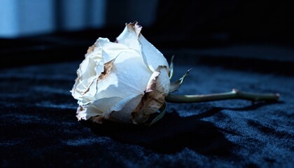 Ethereal Whisper: A solitary, delicate white rose rests gracefully on a dark surface, casting a subtle shadow that accentuates its fragile beauty. A poignant portrayal of delicate petals, soft light.