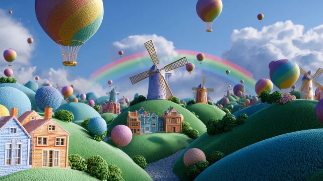 Dreamy landscape with colorful hot air balloons and windmills creating a whimsical fantasy world perfect for children's stories and playful designs