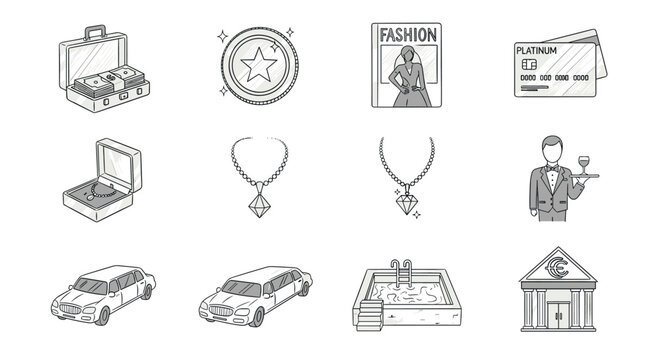 Luxury lifestyle icons featuring fashion, finance, and leisure in linear style