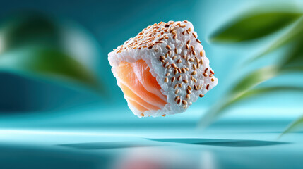 Sushi maki levitating, fresh salmon, rice, sesame seeds, healthy japanese food in a minimalist setup